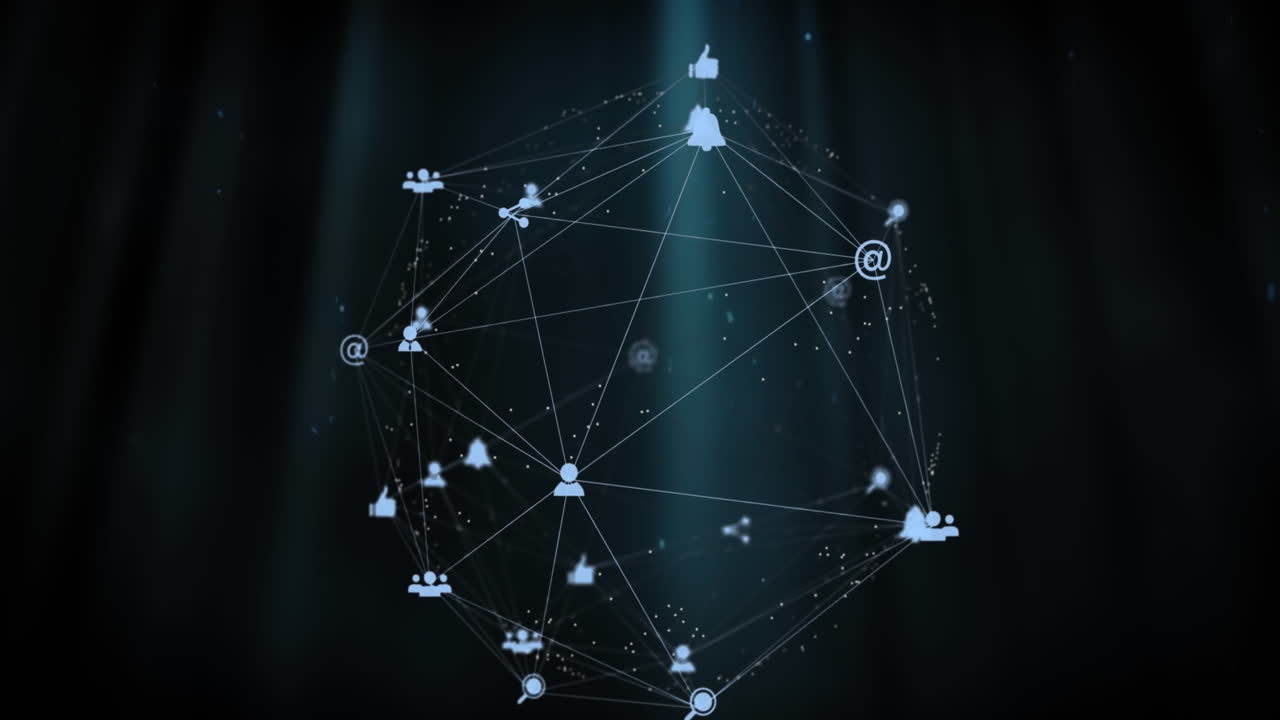 Animation of globe of digital icons spinning and blue light trails against black background