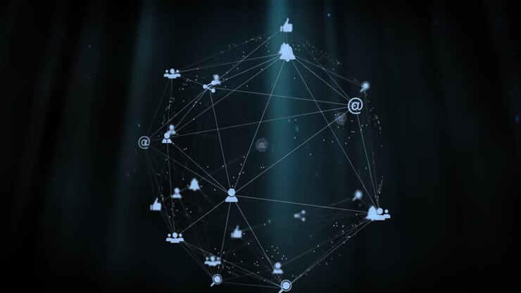 Animation of globe of digital icons spinning and blue light trails against black background