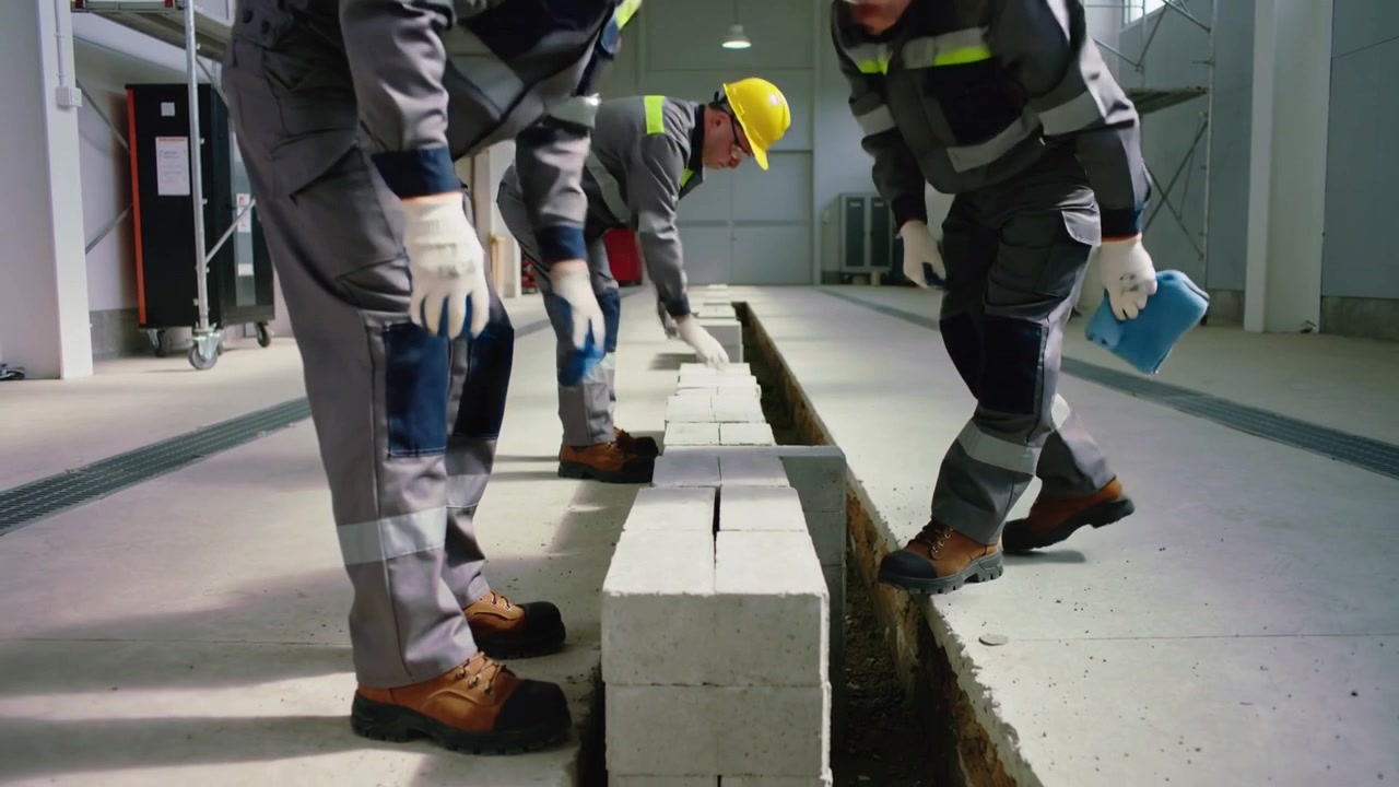 Inclinados sobre a vala na fábrica, três membros da equipe colocando blocos formando uma fila reta, usando macacões.