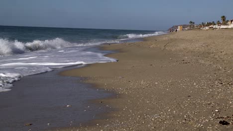 Muscheljäger-In-Der-Ferne,-Bewegen-Sie-Sich-Auf-Der-Suche-Nach-Der-Perfekten-Muschel-Den-Strand-Hinauf,-Felsiger-Punkt,-Puerto-Peñasco,-Golf-Von-Kalifornien,-Mexiko,-Kopierraum