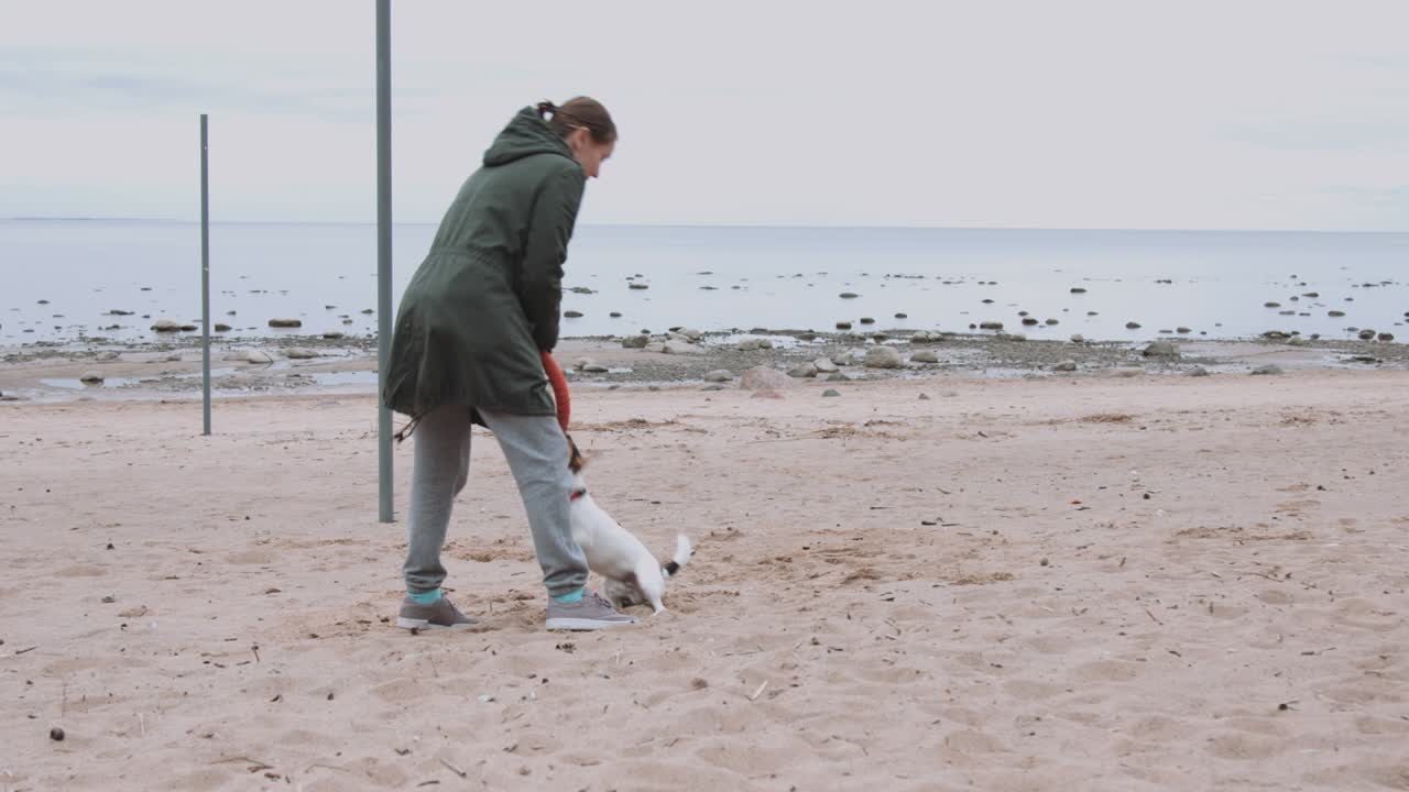 mujer jugando con el perro en la orilla del mar
