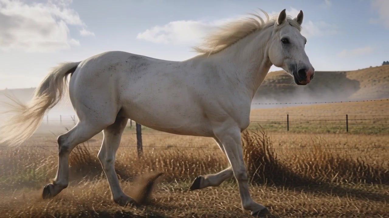 Avvistando un cancello, un cavallo bianco trotta lungo un pascolo recintato alla luce del mattino, sollevando polvere.