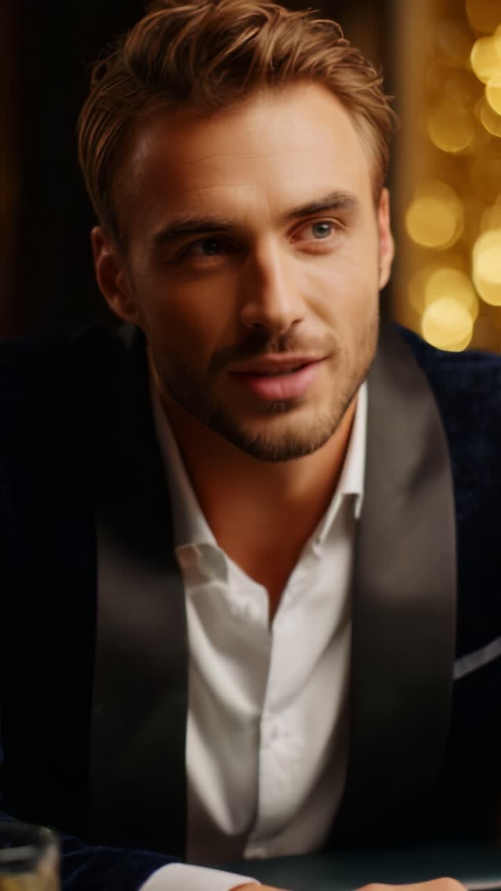 Um jovem charmoso sorrindo com confiança em um ambiente luxuoso, irradiando carisma e elegância, perfeito para ocasiões formais ou encontros sociais