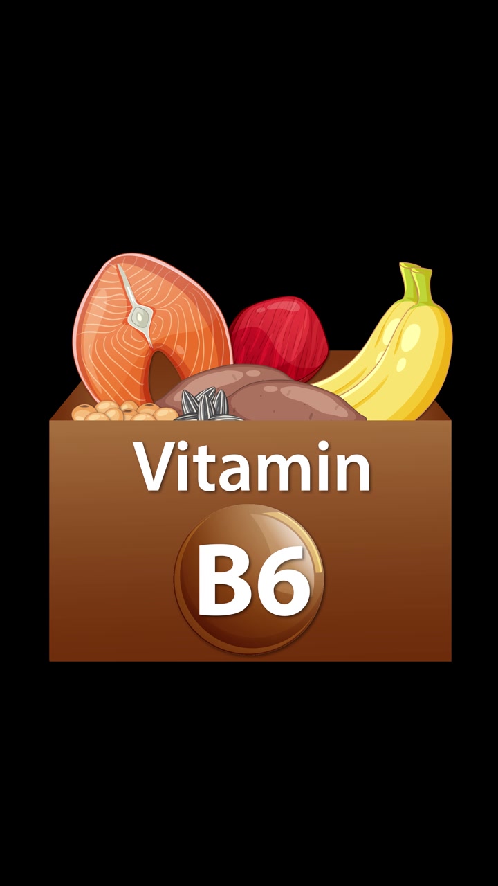 Brown box labeled Vitamin B6 fills with illustrated fruits, vegetables, and food on black background