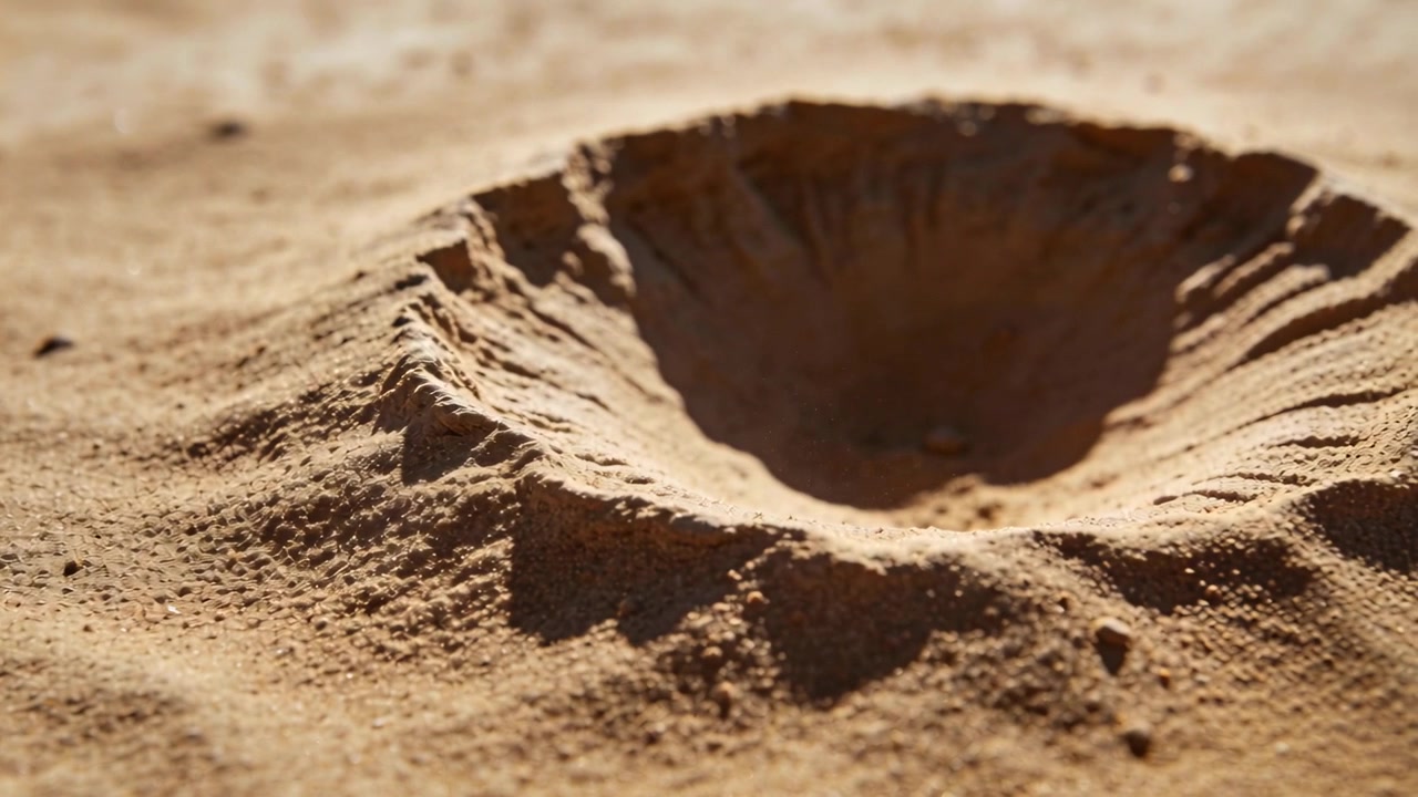 Allontanandosi, la telecamera rivela un cratere di sabbia circolare su una duna che mostra pareti a creste, granelli e ciottoli.