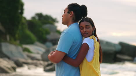 Indian-couple,-hug-and-beach-for-bonding