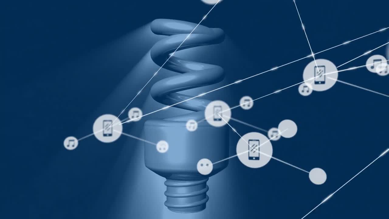 전구 위에 아이콘을 가진 연결 네트워크의 애니메이션
