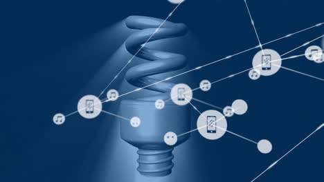 animation of network of connections with icons over light bulb