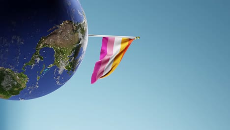 Bandera-Lesbiana-Ondeando-En-El-Viento-En-El-Asta-De-La-Bandera-Con-Globo-Terráqueo-Giratorio-Contra-El-Fondo-Azul