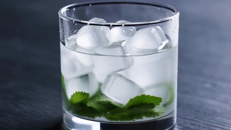 Un bicchiere d'acqua con cubetti di ghiaccio e foglie di menta è presentato in un ambiente da studio scuro, offrendo una bevanda neutra e rinfrescante. La scena è catturata con una vista frontale diretta, con bianco.