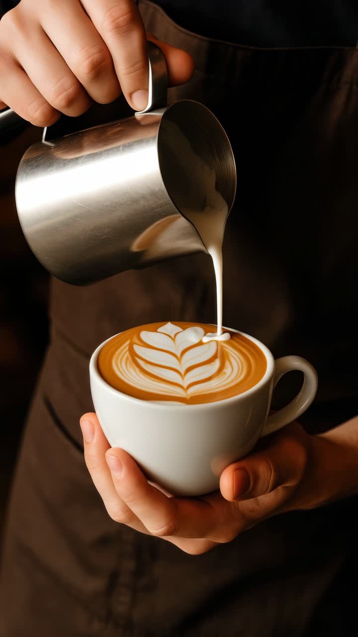 Close-up video angle of hands pouring milk into a coffee cup, creating latte art