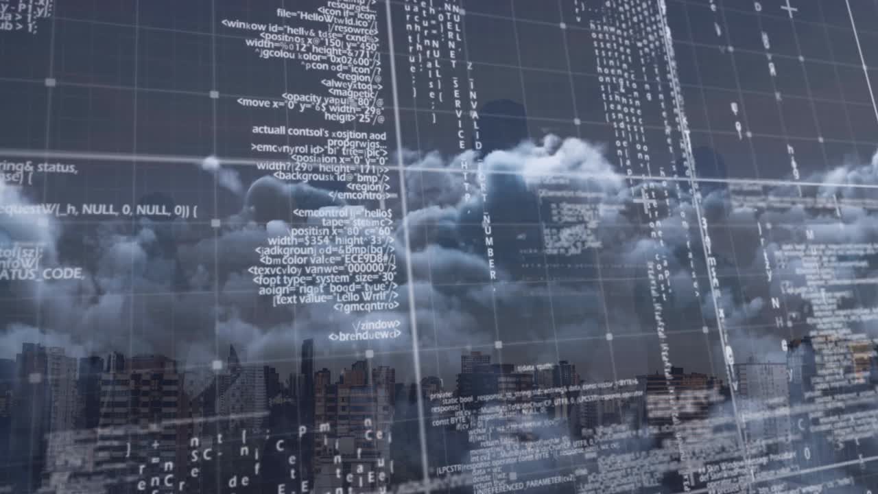 Animation of data processing over cityscape background