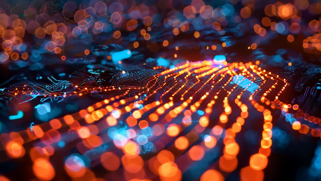 A computer screen with a blue and orange line that looks like a wave. The blue and orange lines are connected to each other and are glowing