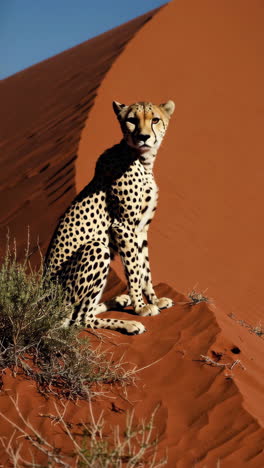 a cheetah sitting on a red sand dune