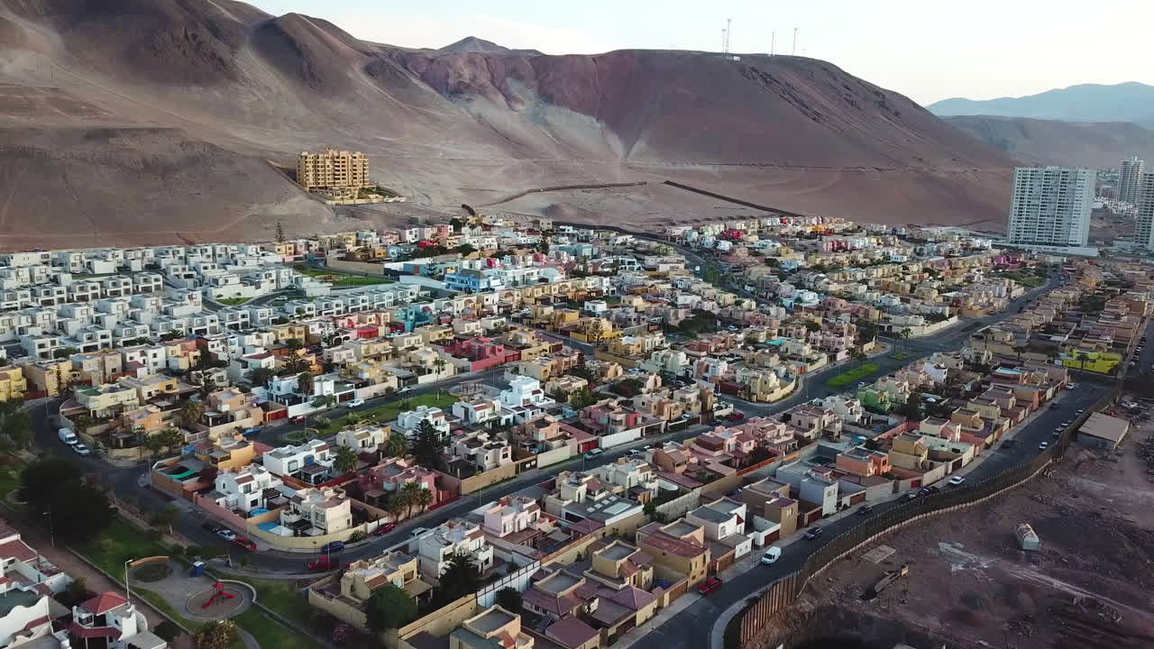 Aerial View of Coastal City Under Hills of Atacama Desert. Antofagasta, Chile