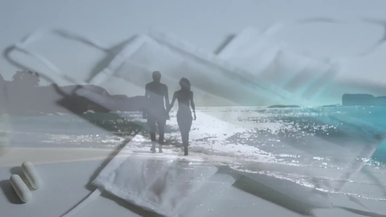해변에서  ⁇ 는 커플을 상대로 얼굴 마스크, 소독제 및 알약의 디지털 복합 비디오