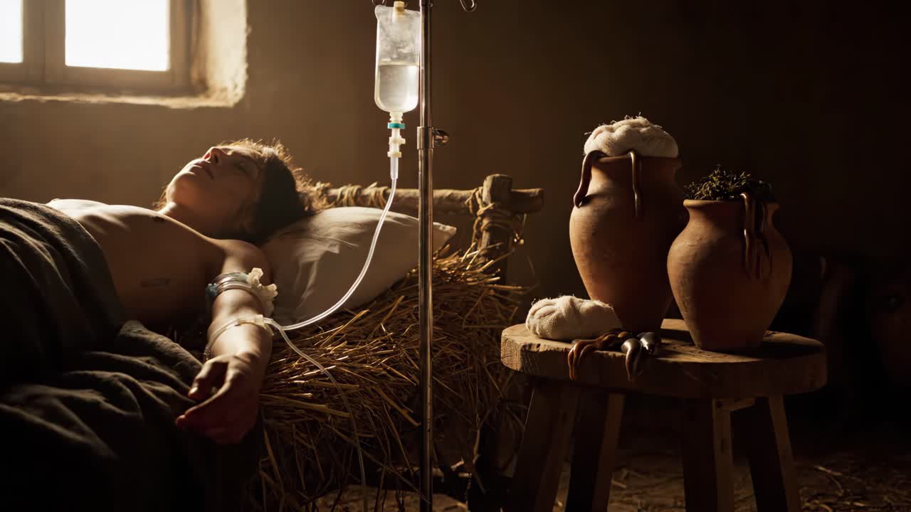 A sick woman receives treatment in a rustic setting
