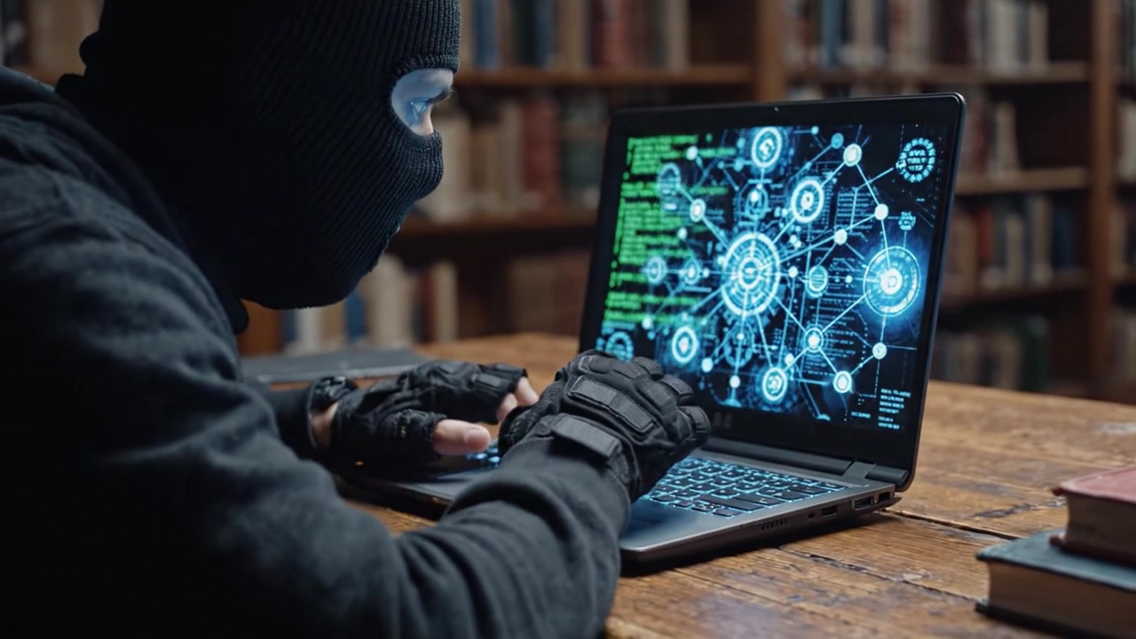 Un misterioso hacker in una biblioteca ottiene accesso non autorizzato a un sistema informatico dopo aver digitato codice complesso, evidenziato da un drammatico messaggio 'Accesso Concesso' sullo schermo