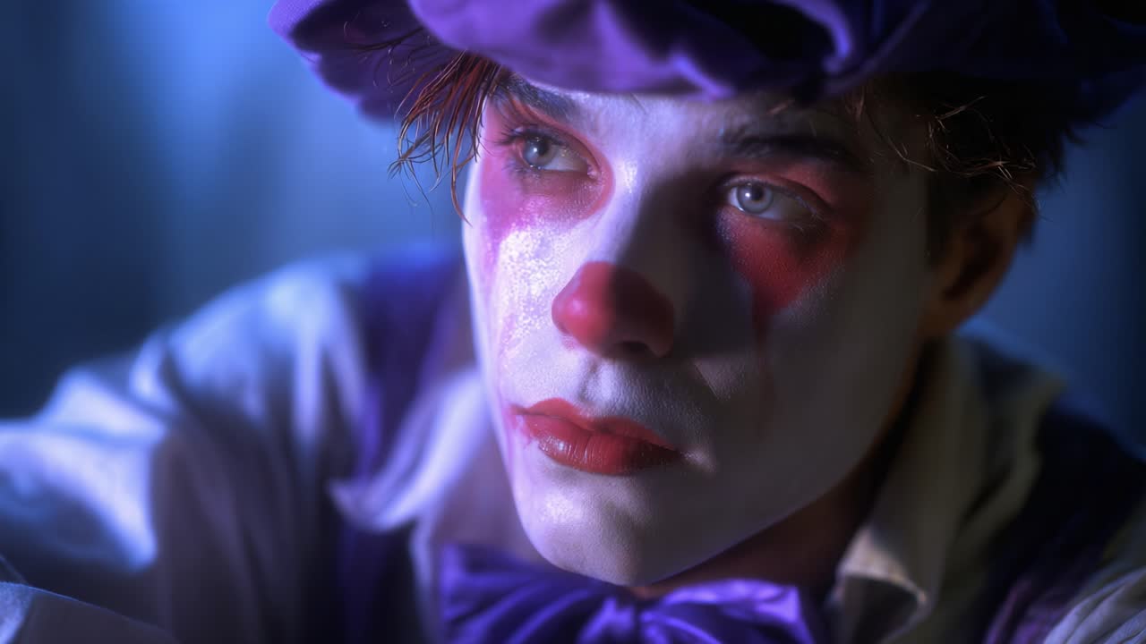 Un clown contemplativo con un trucco sorprendente e occhi espressivi, che incarna la dualità di gioia e dolore in un momento toccante di riflessione in condizioni di scarsa illuminazione.