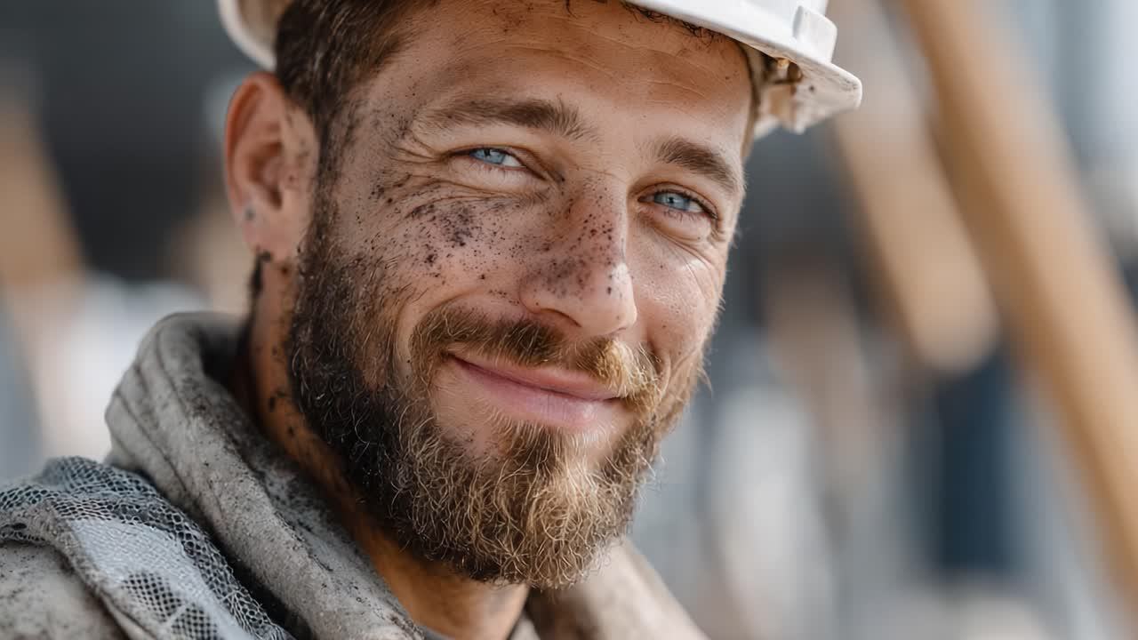 A cheerful construction worker smiles confidently at the camera, showcasing his dedication and pride while wearing a helmet and covered in dust, embodying the spirit of hard work