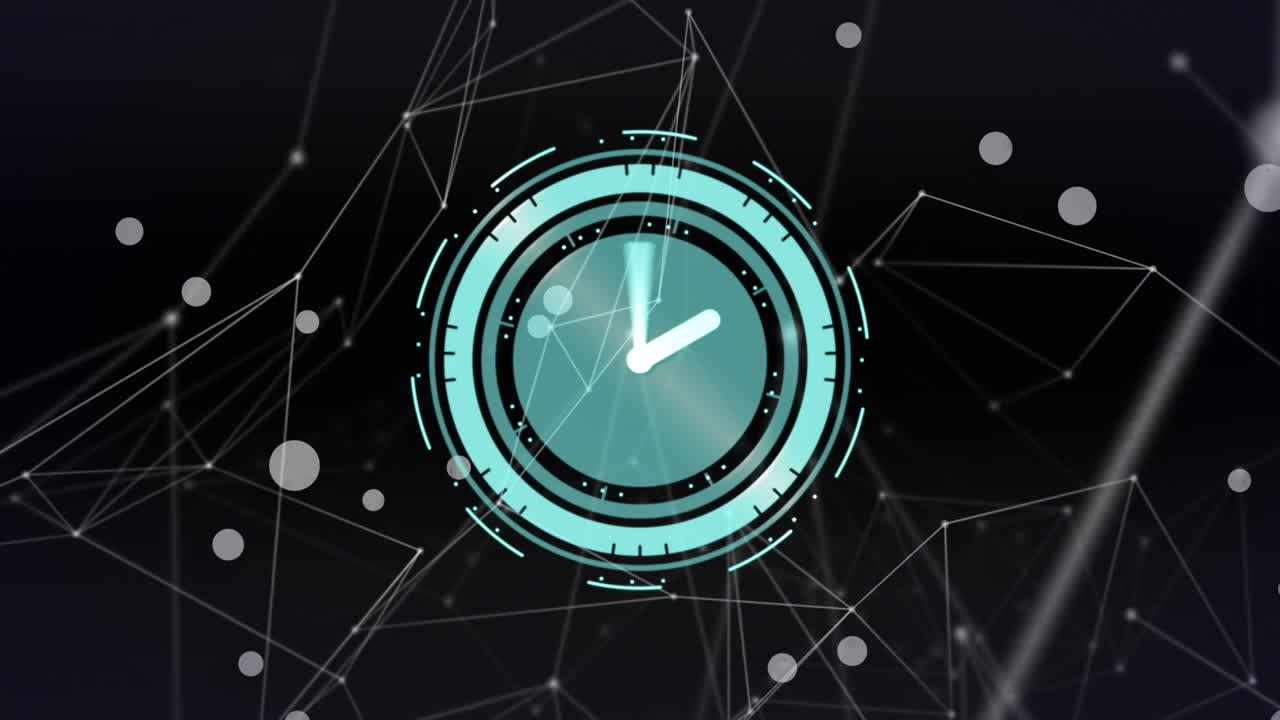 Animation of clock with network of connections over black background