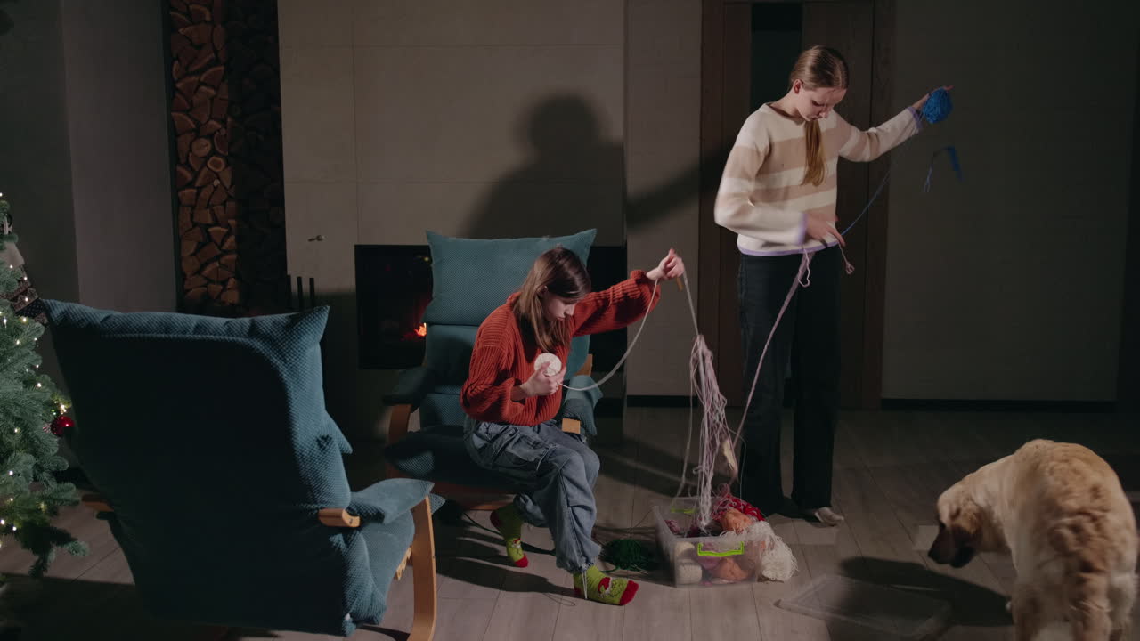 сестры вяжут вместе у камина.