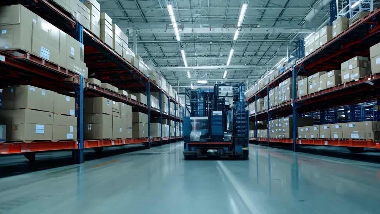 Forklift Driving Through Warehouse