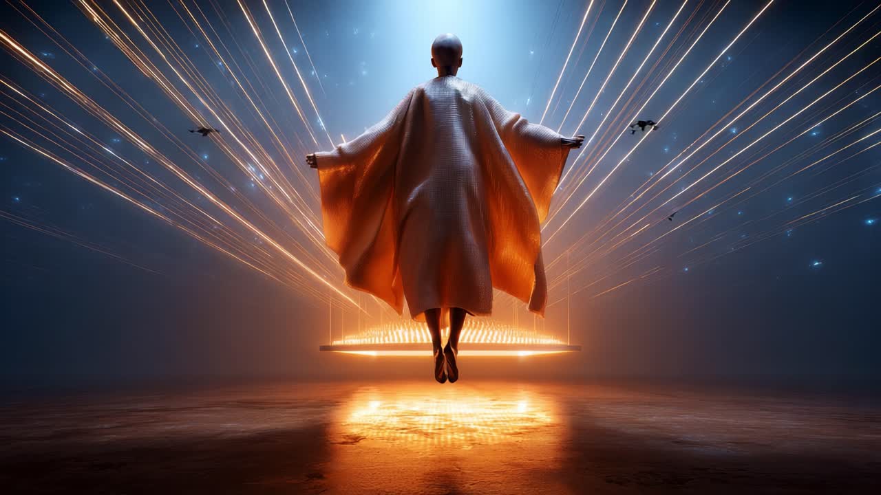 A captivating scene depicting a figure levitating in a surreal environment, illuminated by dynamic beams of light and radiant colors, creating a magical atmosphere full of wonder