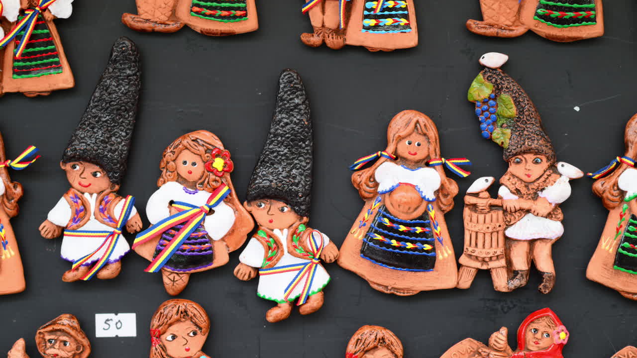 Colorful traditional Romanian and Moldavian clay figurines in national clothes are displayed on a local artisan handmade pottery market