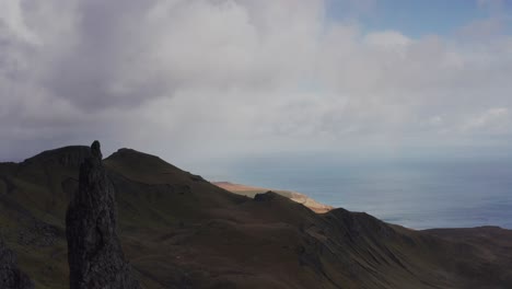 aerial drone elevation of old man of storr and sea in skye scotland autumn