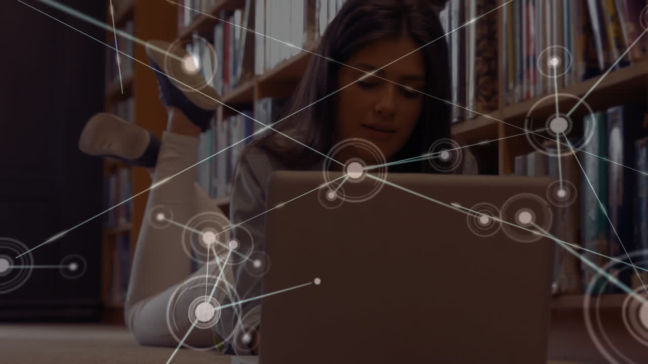 Animation of network of connections over female student using laptop computer learning from home
