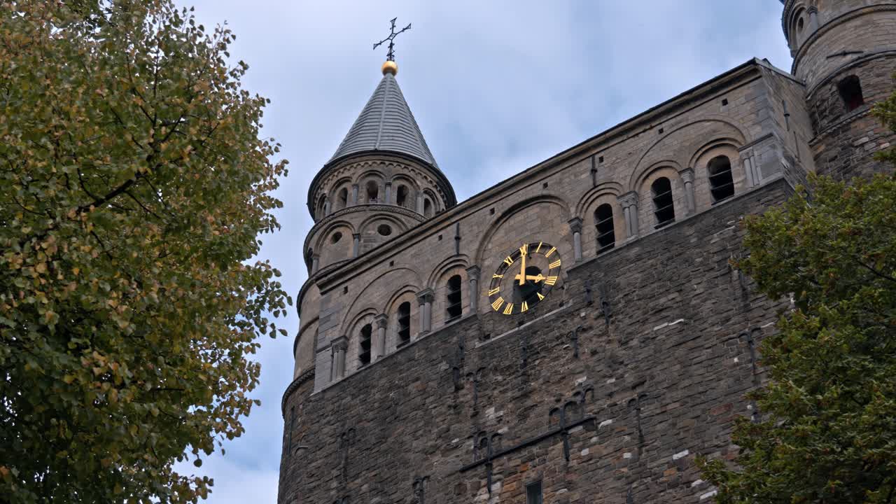 A detailed view of the exterior of the Basilica of Saint Servatius (Sint-Servaasbasiliek) in Maastricht, Netherlands