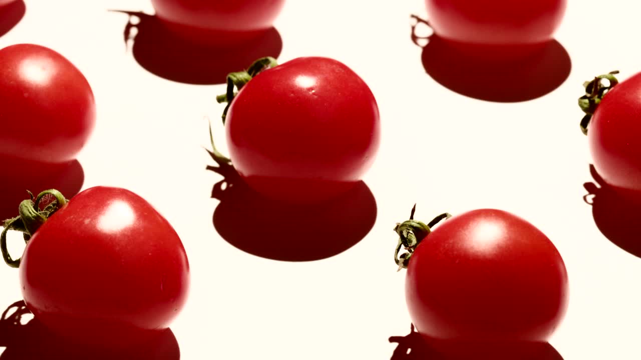 색 배경 위에 회전하는 체리 토마토