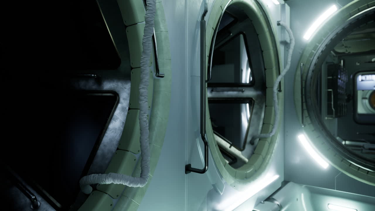 Interior view of a futuristic sci fi themed space station corridor