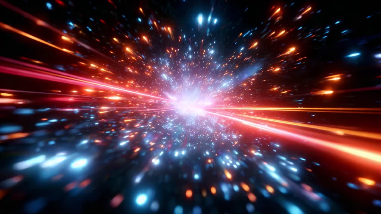 A Journey Through the Cosmic Quantum Realm: Visualizing the Expansive Energy of a Hypothetical Galaxy in Motion, Surrounded by Vibrant Particles and Pulsing Light in a Mesmerizing Space Environment