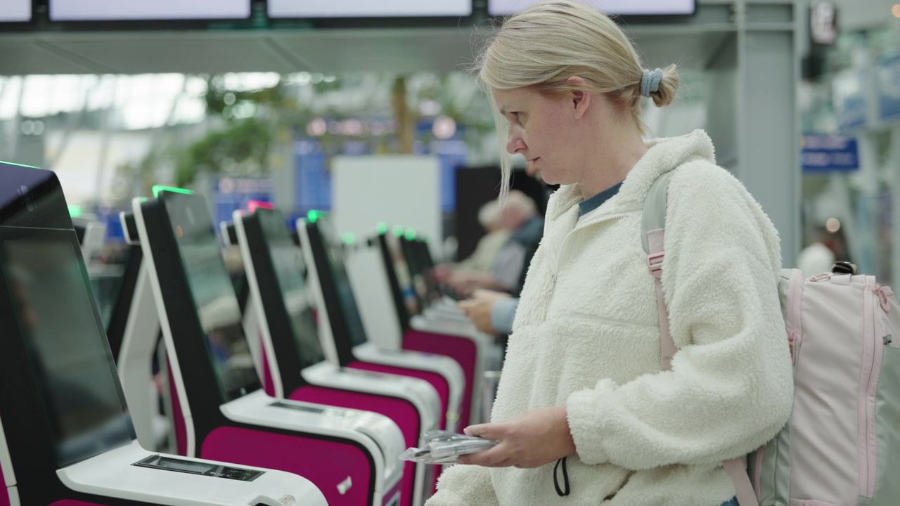 Donna che prepara i documenti di viaggio vicino ai chioschi per il self check-in al terminal dell'aeroporto