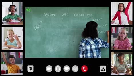 Composite-video-call-interface-with-diverse-female-teacher-and-six-children-in-online-lesson