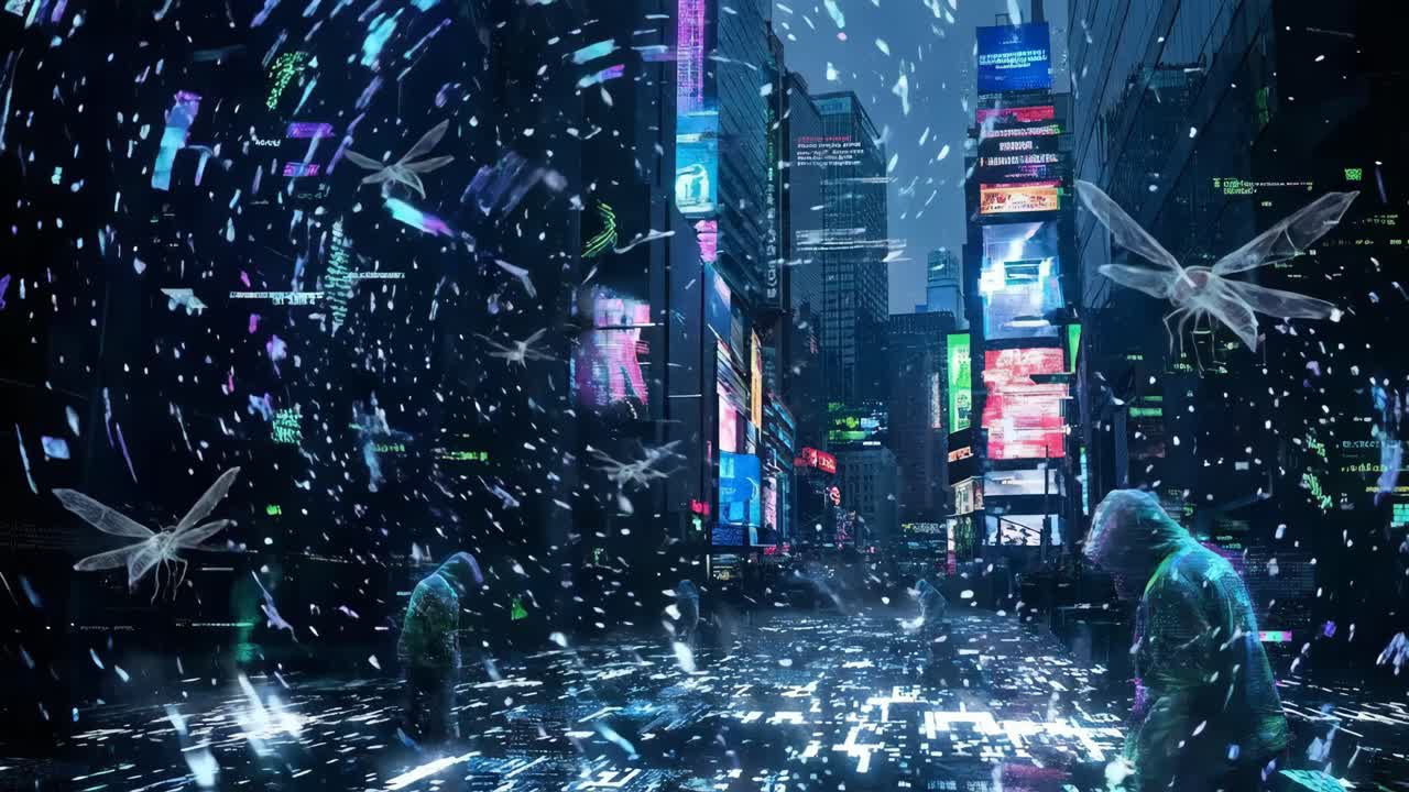 人工昆虫がいるサイバーパンクの都市景観