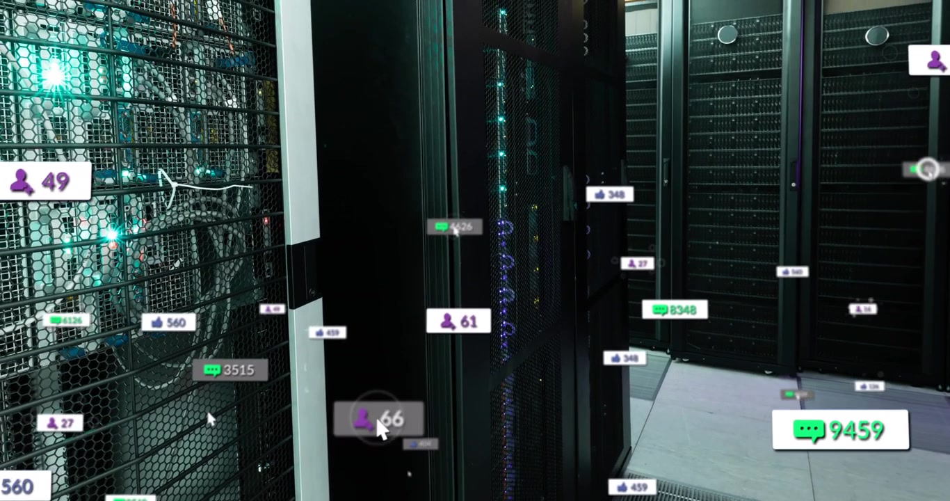 Ikoner for socialt engagement svæver i et moderne datacenter.