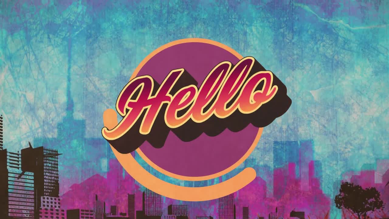 Animation of hello text in colourful letters over painted blue sky and black and purple cityscape
