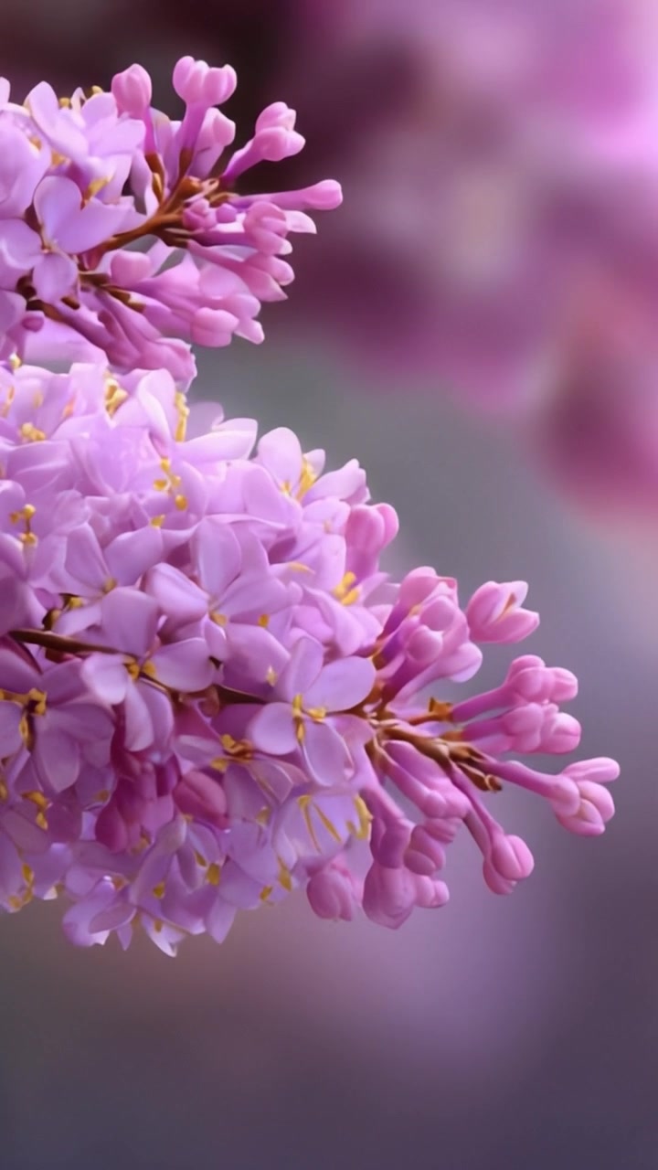 Bunga lilac indah yang mekar, menampilkan kelopak merah muda cerah dan benang sari kuning halus dengan latar belakang ungu lembut yang buram, menangkap esensi alam