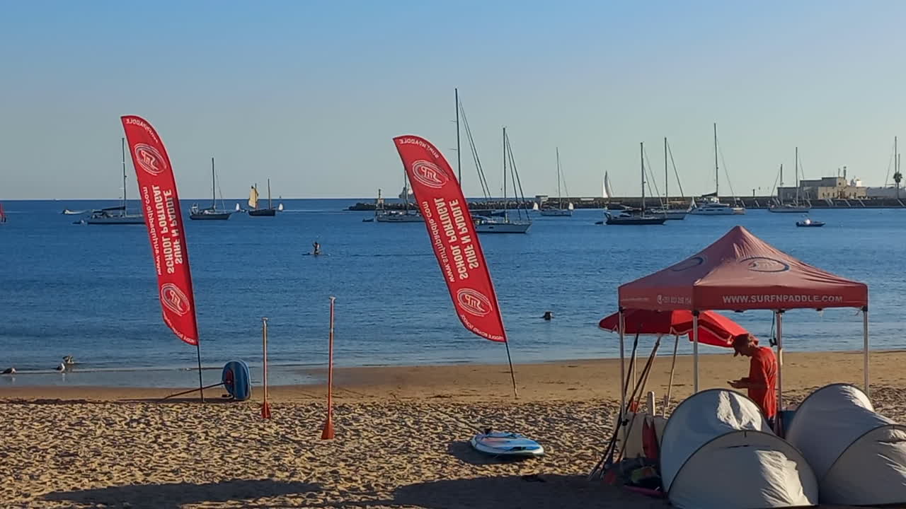 백그라운드에서 범선이 있는 해변의 패들 보드 렌탈 텐트, 맑고 푸른 물