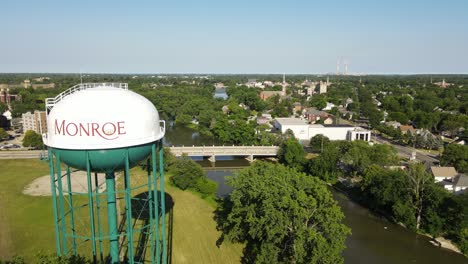 -Fly-over-the-iconic-water-tower,-situated-on-the-banks-of-the-Raisin-River-Monroe-Michigan,-USA