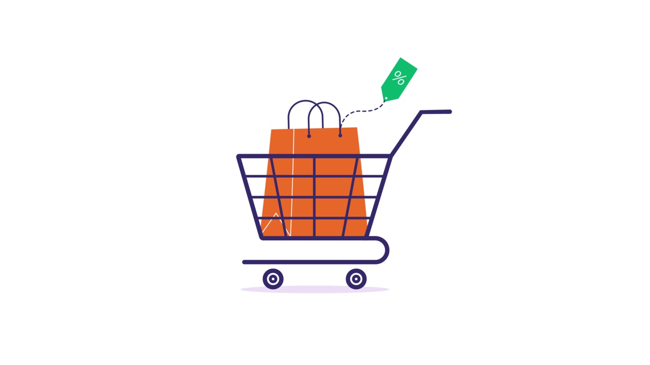 Animated Shopping Cart with Discount Tag and Bag