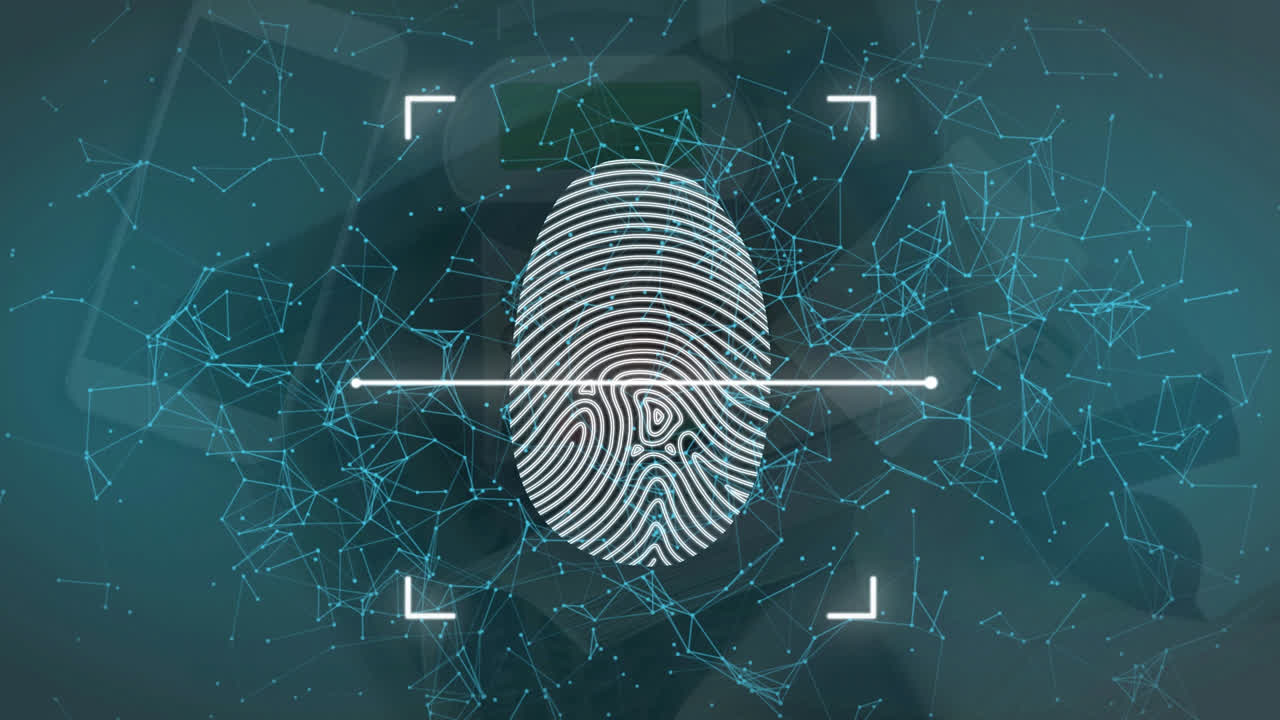 animación de escaneo de huellas del pulgar con puntos de conexión contra el hombre caucásico girando las páginas del libro