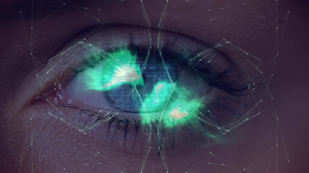 animación del globo de la red de conexiones contra el primer plano del ojo femenino