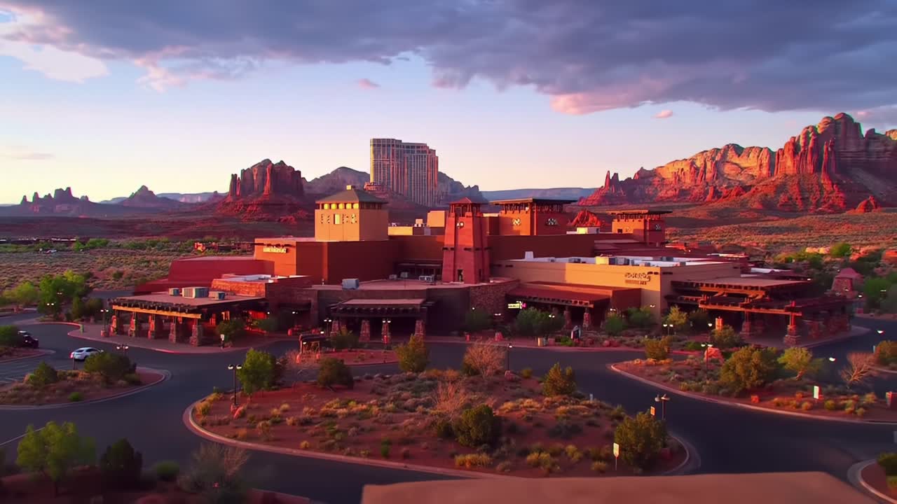 Stunning Aerial View of Resort Surrounded by Red Rock Mountains at Sunset, Highlighting the Unique Architecture and Natural Beauty of the Desert Landscape