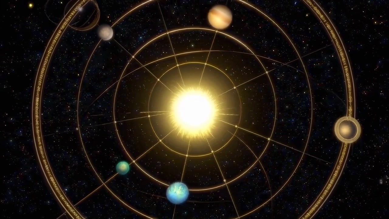 Stylized Solar System with Planets Orbiting a Glowing Sun