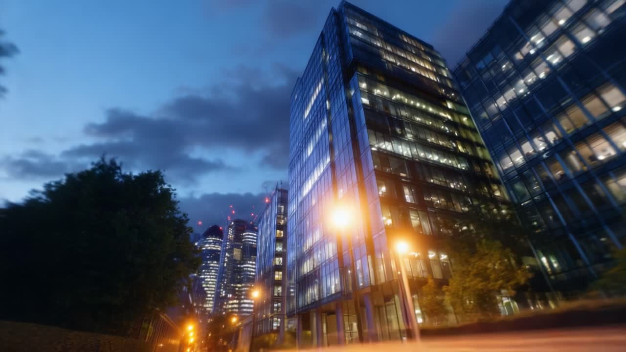 Paisagem urbana noturna com arranha-céus modernos de vidro iluminados pelas luzes da cidade sob um céu crepuscular