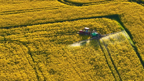 A machine drives across a yellow field, spreading fertilizer to support crop growth and yield.